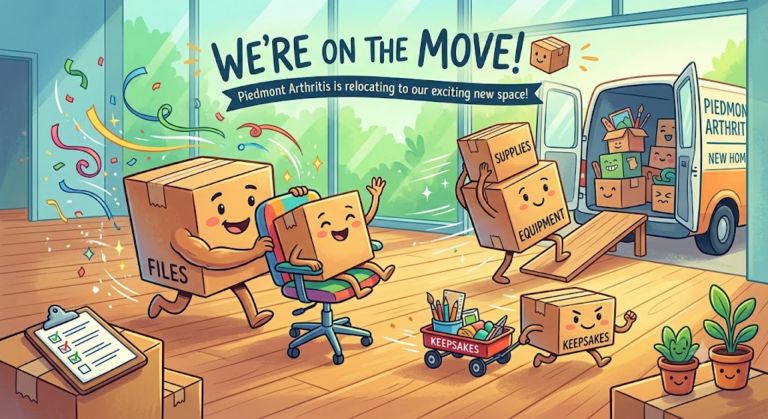 We're Moving scrawled across top of cartoon image. Moving boxes packing up and moving out of their current office space.